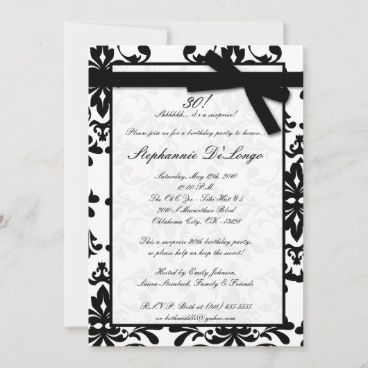 5 x 7 Black White Damask Bow Birthday Invitation Kaart (Voorkant)