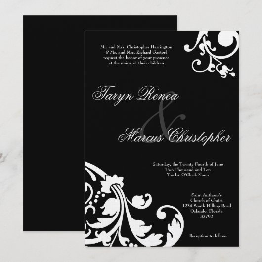 5 x 7 Black White Floral Linen Wedding Invitation Kaart (Voorkant / Achterkant)