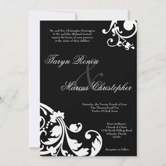 5 x 7 Black White Floral Linen Wedding Invitation Kaart (Voorkant)