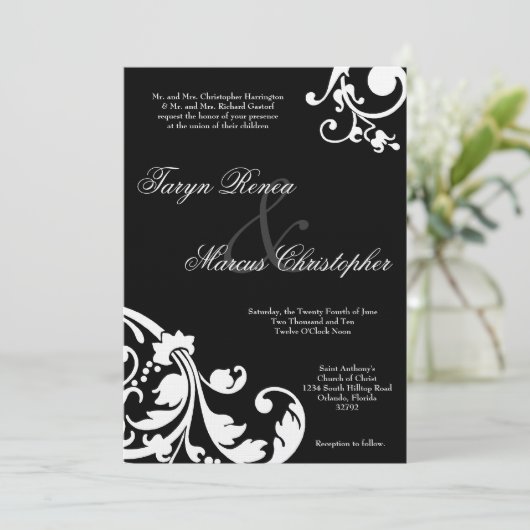 5 x 7 Black White Floral Linen Wedding Invitation Kaart (Staand voorkant)