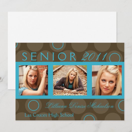 5 x 7 Blauwgroen Circle Polka Foto Senior Aankondi Aankondiging (Voorkant / Achterkant)