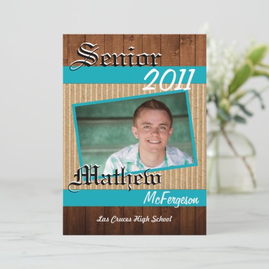 5 x 7 Blauwgroen houten planken Foto Senior Aankon Aankondiging (Staand voorkant)