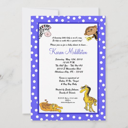 5 x 7 Blue Animals Zoo Baby shower Invitation Kaart (Voorkant)