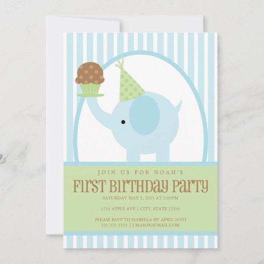 5 x 7 Blue Elephant Birthday Invitation Kaart (Voorkant)