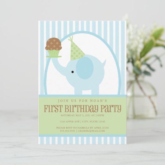 5 x 7 Blue Elephant Birthday Invitation Kaart (Staand voorkant)