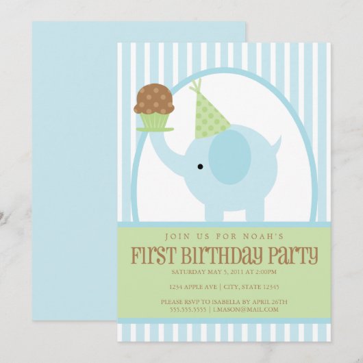 5 x 7 Blue Elephant Birthday Invitation Kaart (Voorkant / Achterkant)