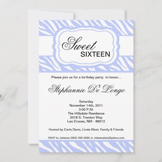 5 x 7 Blue Zebra Print Birthday Party Invitation Kaart (Voorkant)