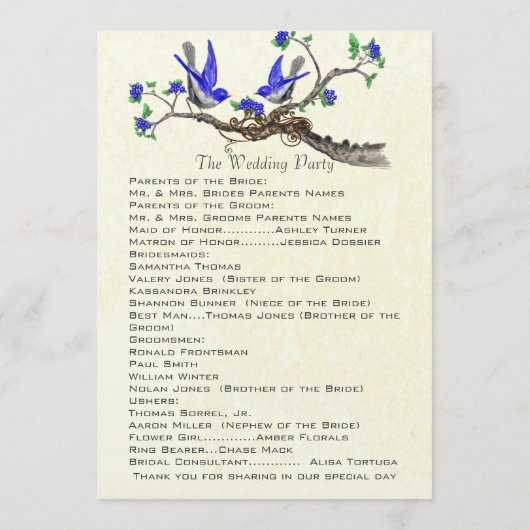 5 x 7  bluebirds Trouwprogramma Programmakaart (Achterkant)