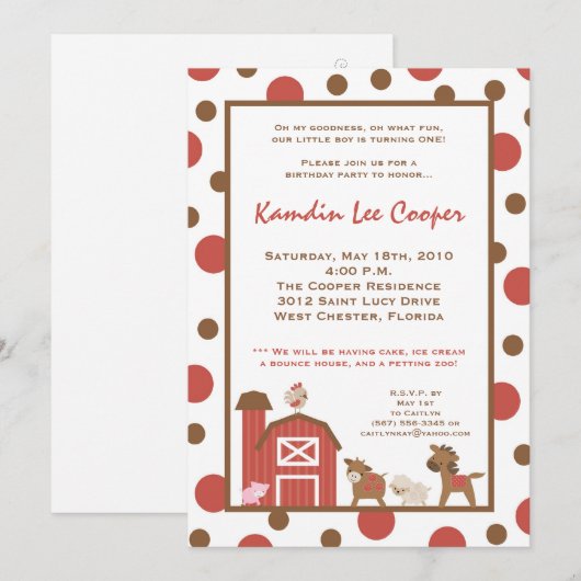 5 x 7 Boerderij Red Barn Koe Birthday Party Invita Kaart (Voorkant / Achterkant)