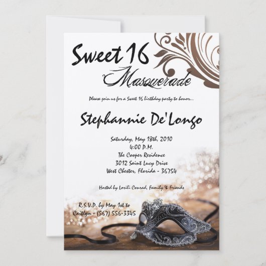 5 x 7 Brown Masquerade Sweet 16 Birthday Invitatio Kaart (Voorkant)