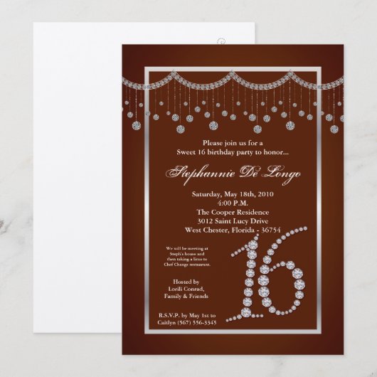 5 x 7 bruin diamantzweet 16 uitnodiging van zaterd (Voorkant / Achterkant)