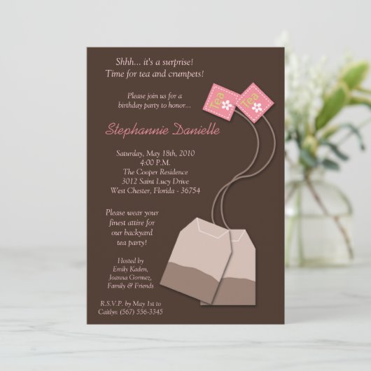 5 x 7 Bruin Tea Bag Tea Party Birthday Uitnodiging (Staand voorkant)