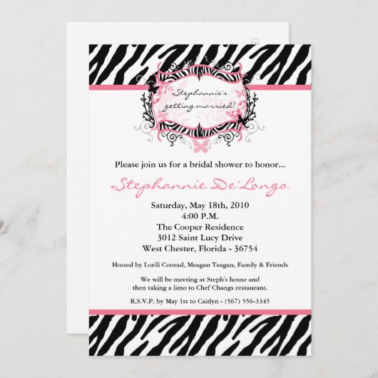 5 x 7 Butterfly Zebra Print Bridal Shower Invitati Kaart (Voorkant / Achterkant)