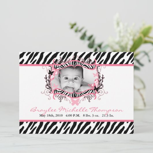 5 x 7 Butterfly Zebra Print Foto geboorteaankondig Aankondiging (Staand voorkant)
