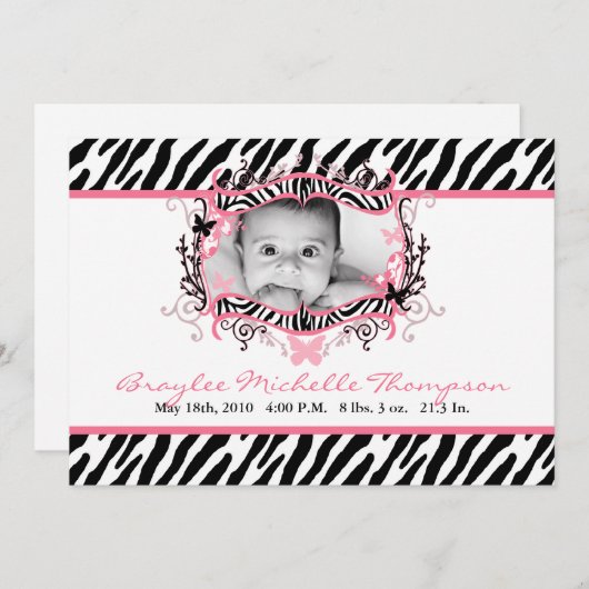 5 x 7 Butterfly Zebra Print Foto geboorteaankondig Aankondiging (Voorkant / Achterkant)