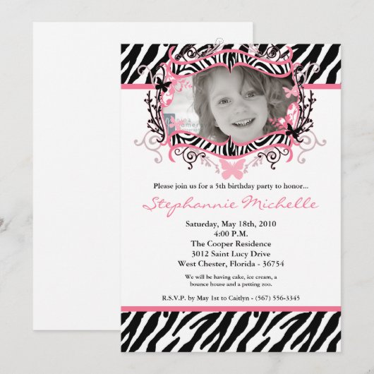 5 x 7 Butterfly ZebraPrint Photo Birthday Invitati Kaart (Voorkant / Achterkant)