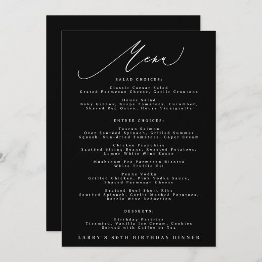 5 x 7 Classic Black White Calligraphy Birthday Menu (Voorkant / Achterkant)