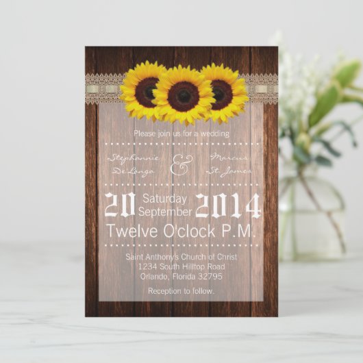5 x 7 Country Sunflower Wood Lace Weddenschap Kaart (Staand voorkant)
