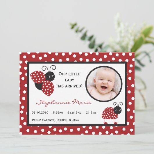 5 x 7 Crimson Red Lady Bug Foto geboorteaankondigi Aankondiging (Staand voorkant)