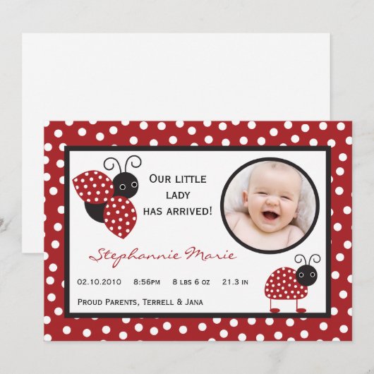 5 x 7 Crimson Red Lady Bug Foto geboorteaankondigi Aankondiging (Voorkant / Achterkant)