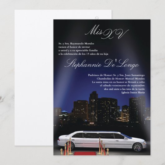 5 x 7 dagen NY City Limo Quinceanera Birthday Uitn Kaart (Voorkant / Achterkant)