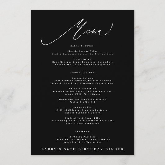 5 x 7 Elegant Black White Calligraphy Birthday Menu (Voorkant)