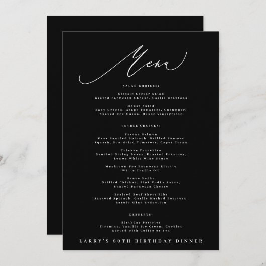 5 x 7 Elegant Black White Calligraphy Birthday Menu (Voorkant / Achterkant)