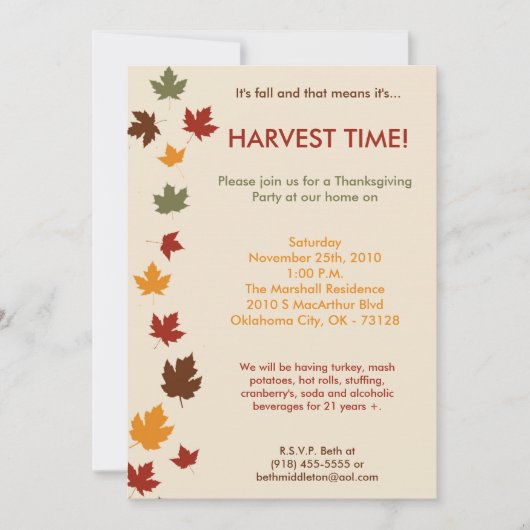5 x 7 Fall Leaves Harvest Thanksgiving Invitation Kaart (Voorkant)