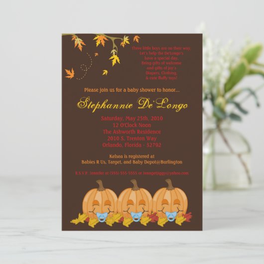 5 x 7 Fall Leaves TRIPLET Boy Baby shower Invitati Kaart (Staand voorkant)