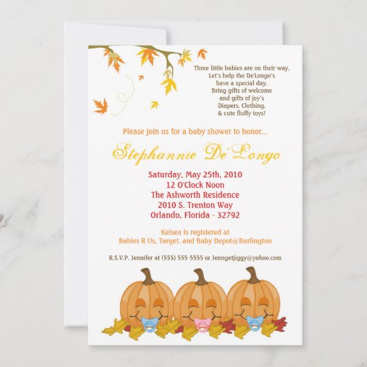 5 x 7 Fall Leaves TRIPLETS Baby shower Invitation Kaart (Voorkant)