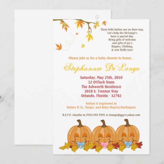 5 x 7 Fall Leaves TRIPLETS Baby shower Invitation Kaart (Voorkant / Achterkant)