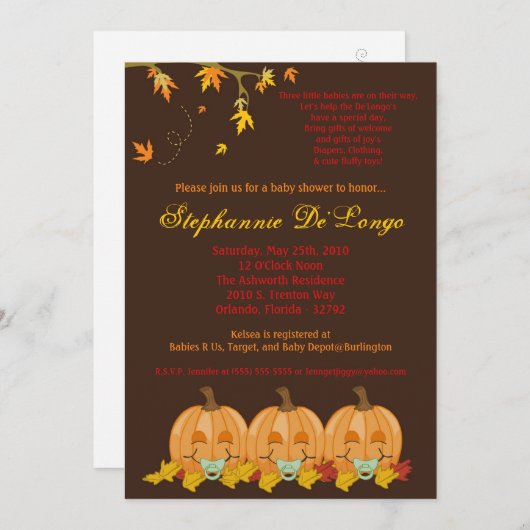 5 x 7 Fall Leaves TRIPLETS Baby shower Invitation Kaart (Voorkant / Achterkant)