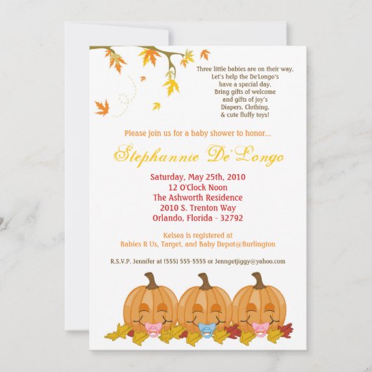 5 x 7 Fall Leaves TRIPLETS Baby shower Invitation Kaart (Voorkant)