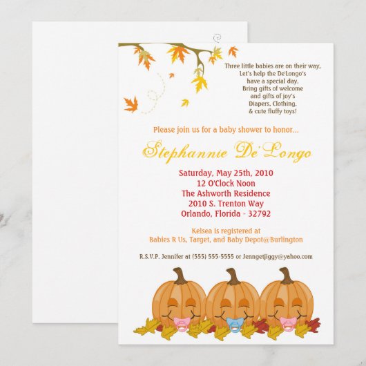 5 x 7 Fall Leaves TRIPLETS Baby shower Invitation Kaart (Voorkant / Achterkant)