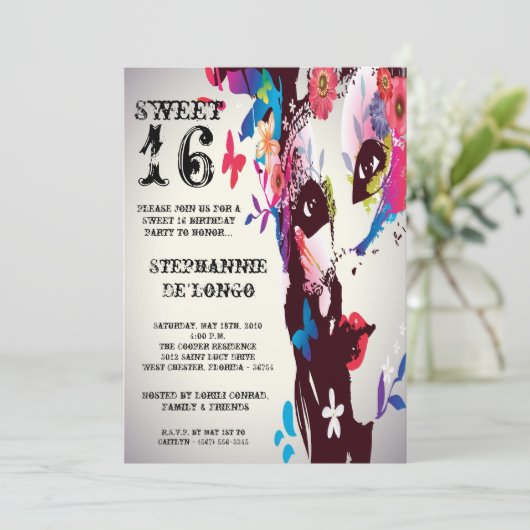 5 x 7 Floral Masquerade Sweet 16 Birthday Uitnodig Kaart (Staand voorkant)