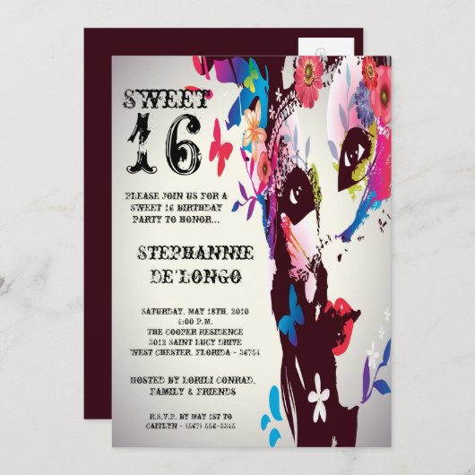 5 x 7 Floral Masquerade Sweet 16 Birthday Uitnodig Kaart (Voorkant / Achterkant)