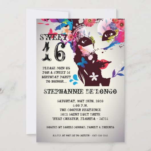 5 x 7 Floral Masquerade Sweet 16 Birthday Uitnodig Kaart (Voorkant)