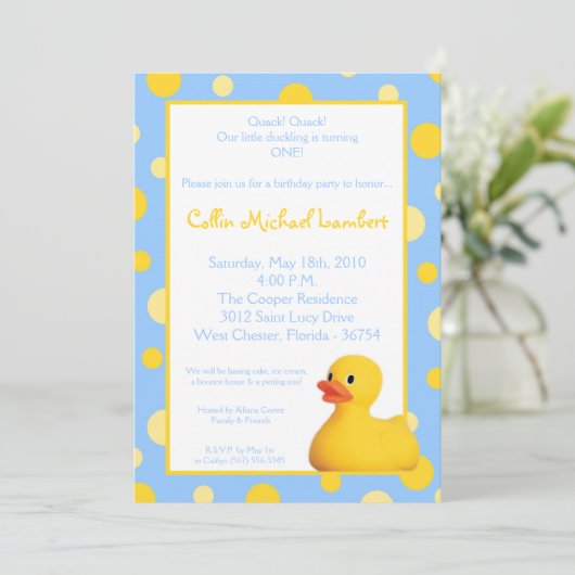 5 x 7 gele blu Rubber Ducky Birthday Uitnodiging (Staand voorkant)