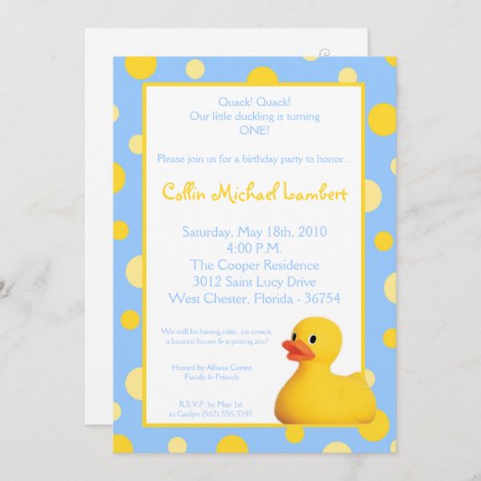 5 x 7 gele blu Rubber Ducky Birthday Uitnodiging (Voorkant / Achterkant)
