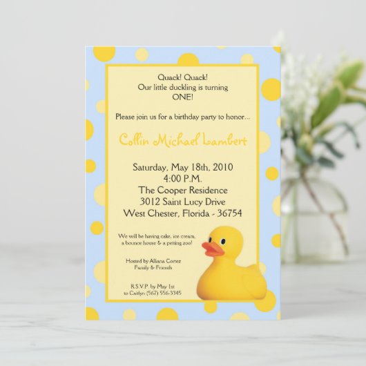 5 x 7 gele blu Rubber Ducky Birthday Uitnodiging (Staand voorkant)