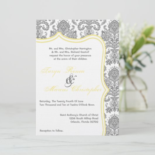 5 x 7 Gele Damask Lace Weddenschap Uitnodiging (Staand voorkant)