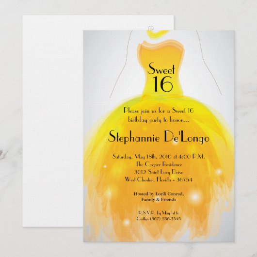 5 x 7 Gele Dress Sweet 16 Birthday Uitnodiging (Voorkant / Achterkant)