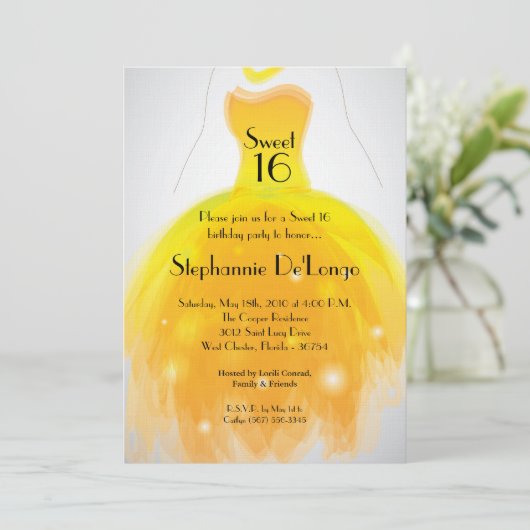 5 x 7 Gele Dress Sweet 16 Birthday Uitnodiging (Staand voorkant)