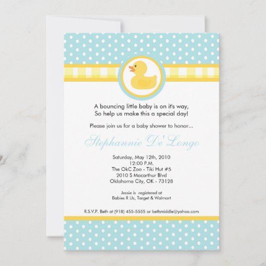 5 x 7 Gele Rubber Ducky Baby shower Uitnodiging (Voorkant)