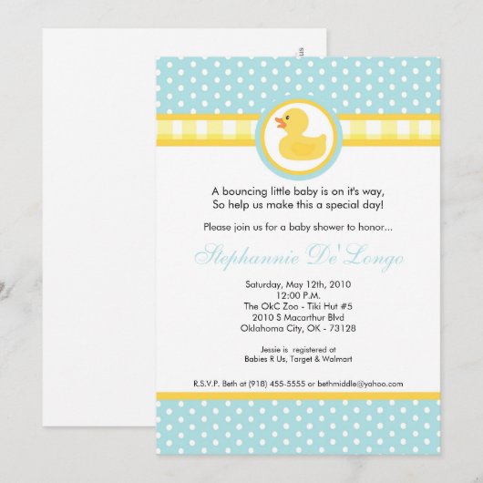 5 x 7 Gele Rubber Ducky Baby shower Uitnodiging (Voorkant / Achterkant)