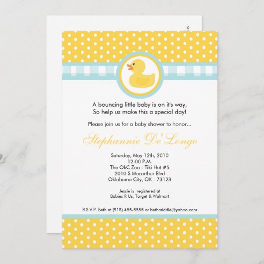 5 x 7 Gele Rubber Ducky Baby shower Uitnodiging (Voorkant / Achterkant)