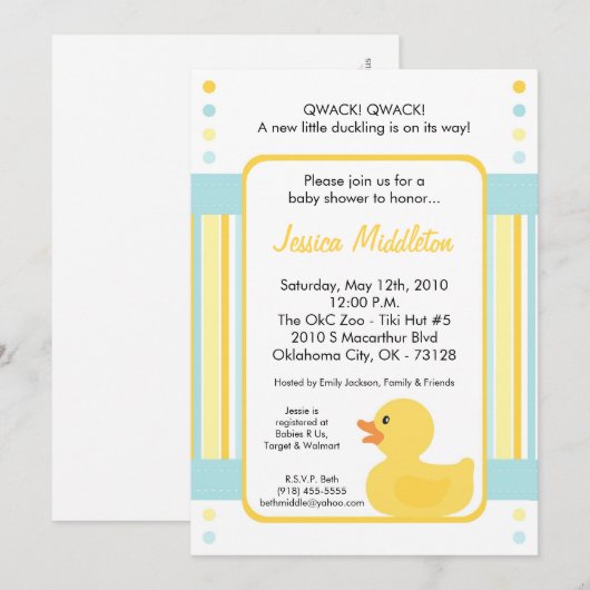 5 x 7 Gele Rubber Ducky Baby shower Uitnodiging (Voorkant / Achterkant)