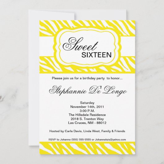 5 x 7 gele Zebra Print Birthday Party Invitation Kaart (Voorkant)