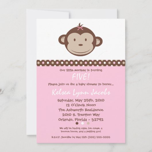 5 x 7 Girl Modern Mod Monkey Birthday Par Uitnodig Kaart (Voorkant)