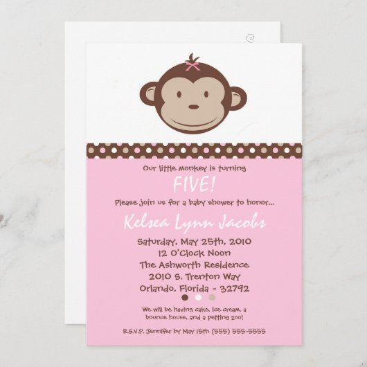 5 x 7 Girl Modern Mod Monkey Birthday Par Uitnodig Kaart (Voorkant / Achterkant)